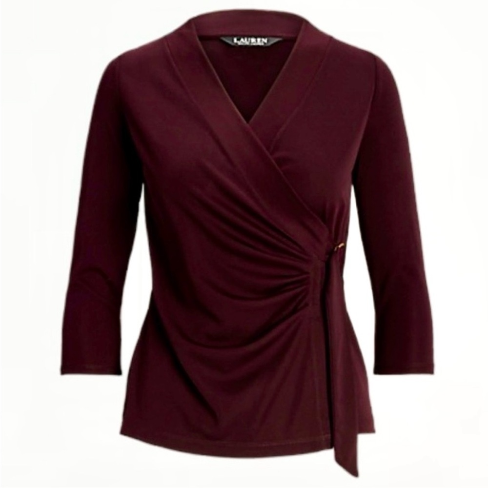 NWT Lauren Ralph Lauren Burgundy Wrap Top Jersey Knit Size Large Gold Hardware